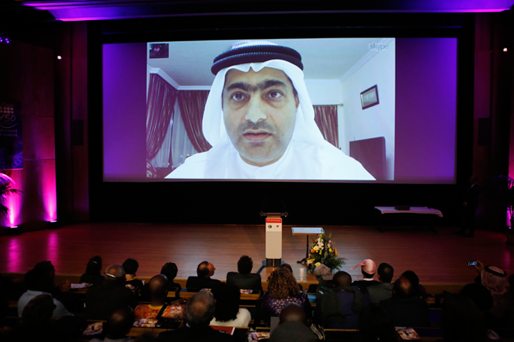 Ahmed Mansoor giving his acceptance speech for the 2015 Martin Ennals Award via skype. He was under a travel ban and could not leave the UAE in order to attend the October 2015 ceremony in Geneva, Switzerland